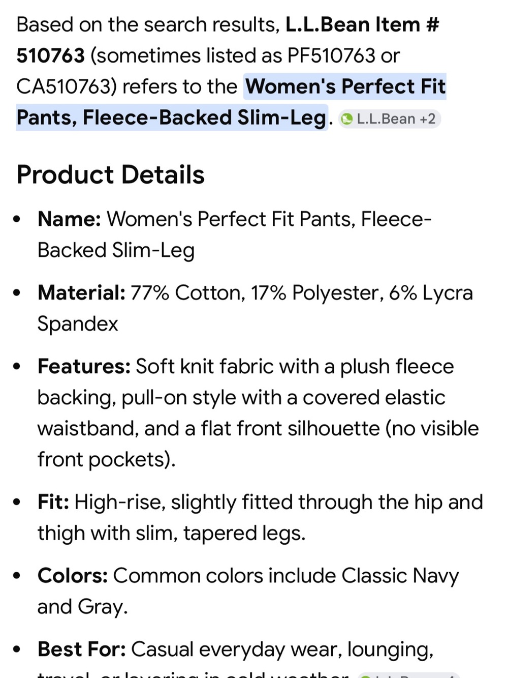 L.L. Bean Women's Perfict Fit Fleece backed slim leg Pant. Large - Picture 5 of 5